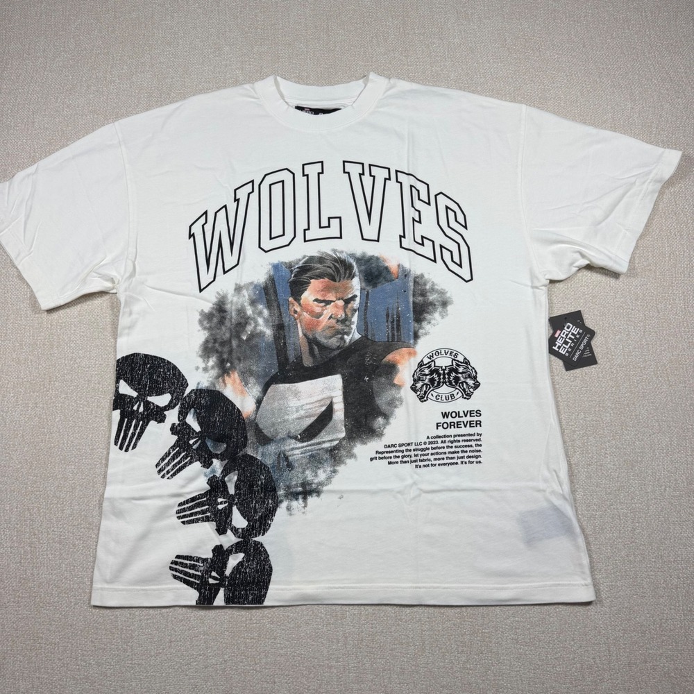 Darc Sport Marvel Punisher Wolves Forever Tee Cream XL Hero Elite Series NEW